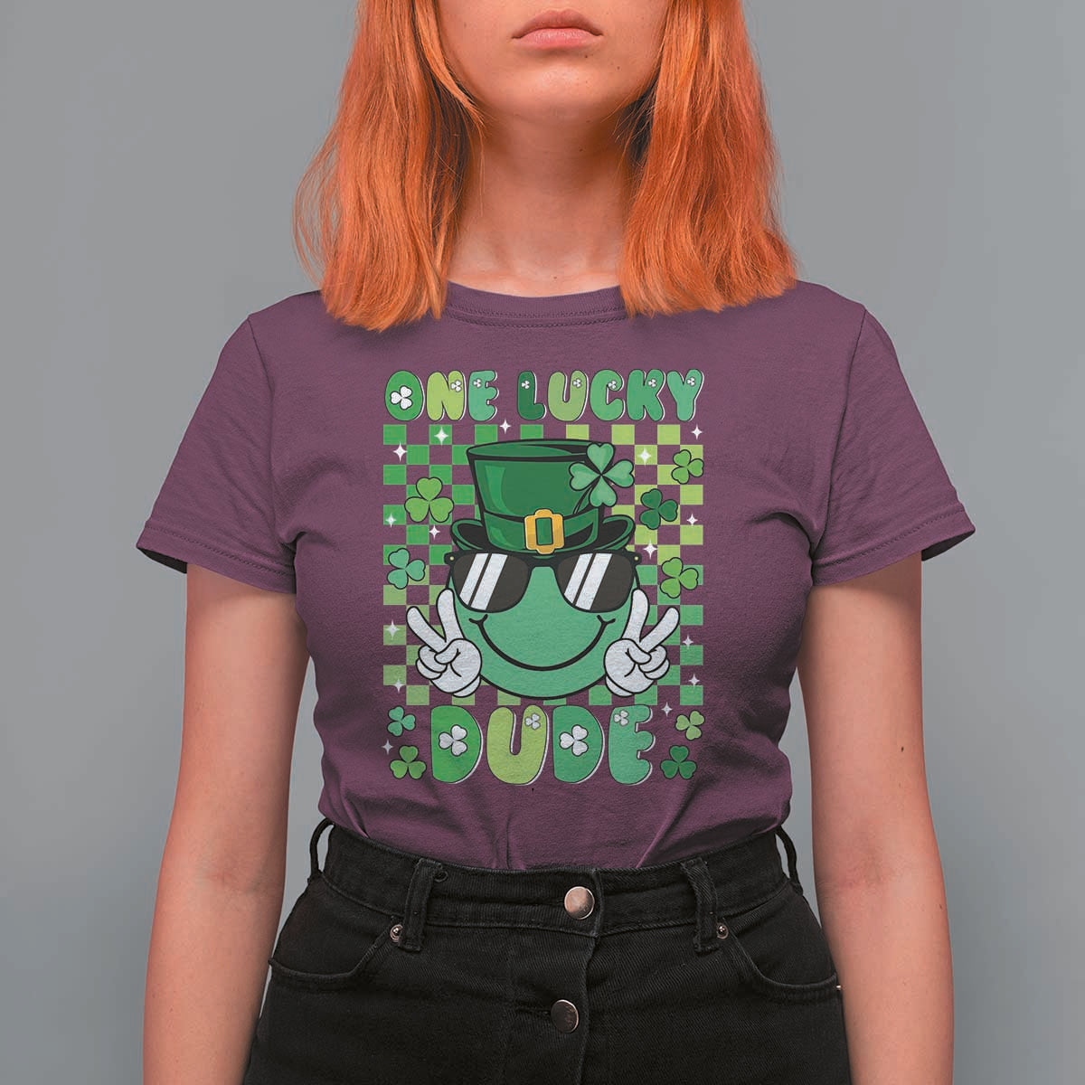 Retro St Patrick's Day T Shirt For Women One Lucky Dude Green Checkered Heart Groovy