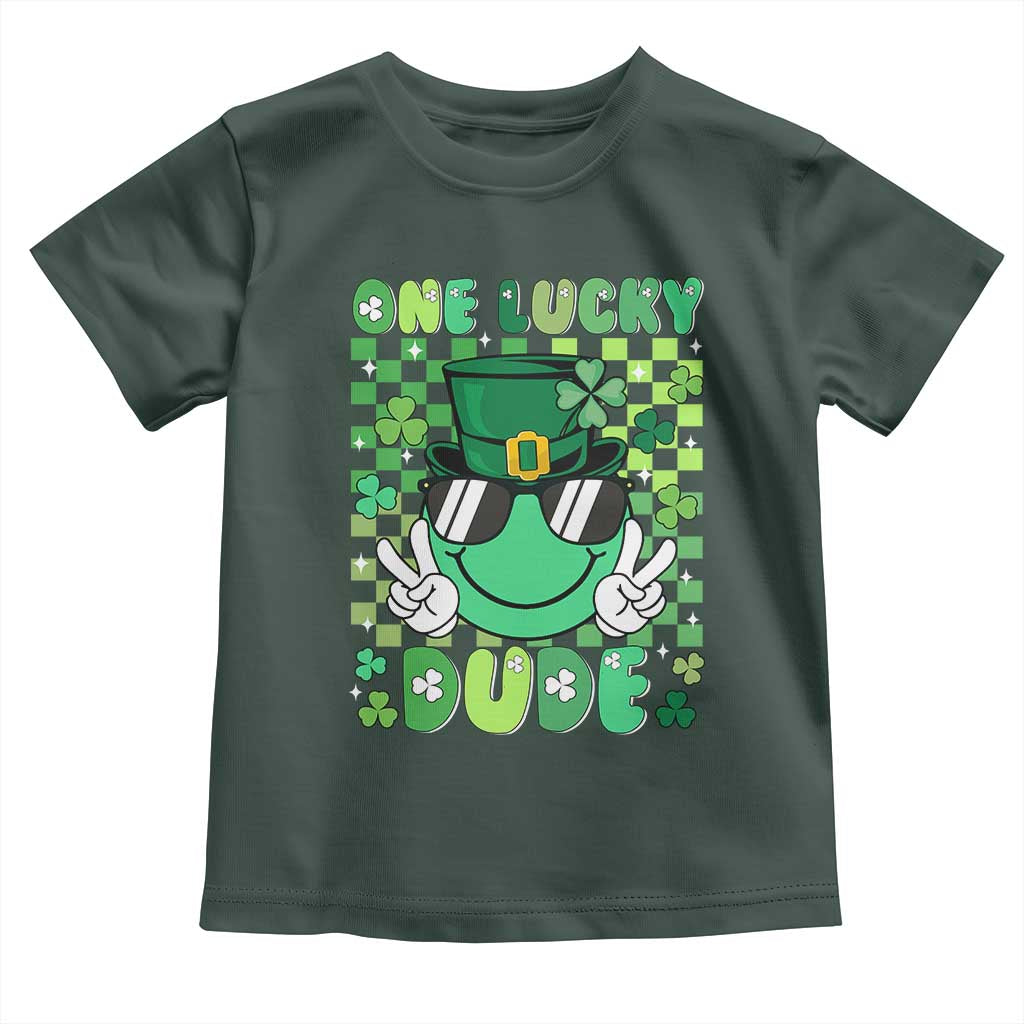 Retro St Patrick's Day Toddler T Shirt One Lucky Dude Green Checkered Heart Groovy