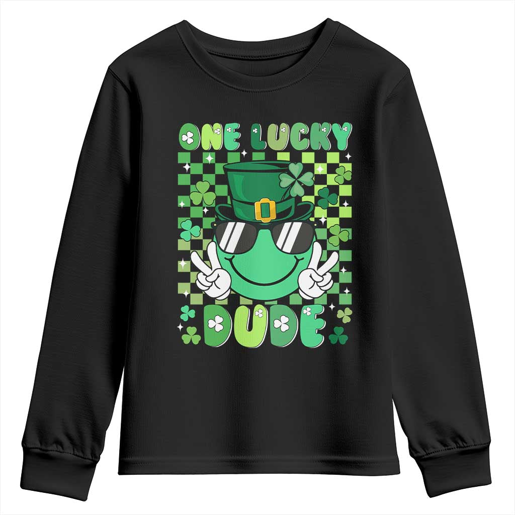 Retro St Patrick's Day Youth Sweatshirt One Lucky Dude Green Checkered Heart Groovy