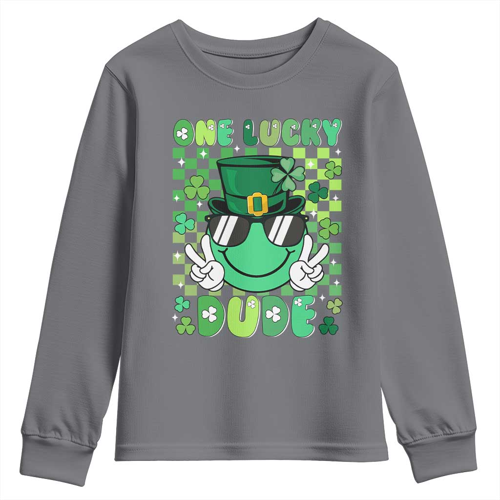 Retro St Patrick's Day Youth Sweatshirt One Lucky Dude Green Checkered Heart Groovy