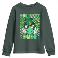 Retro St Patrick's Day Youth Sweatshirt One Lucky Dude Green Checkered Heart Groovy