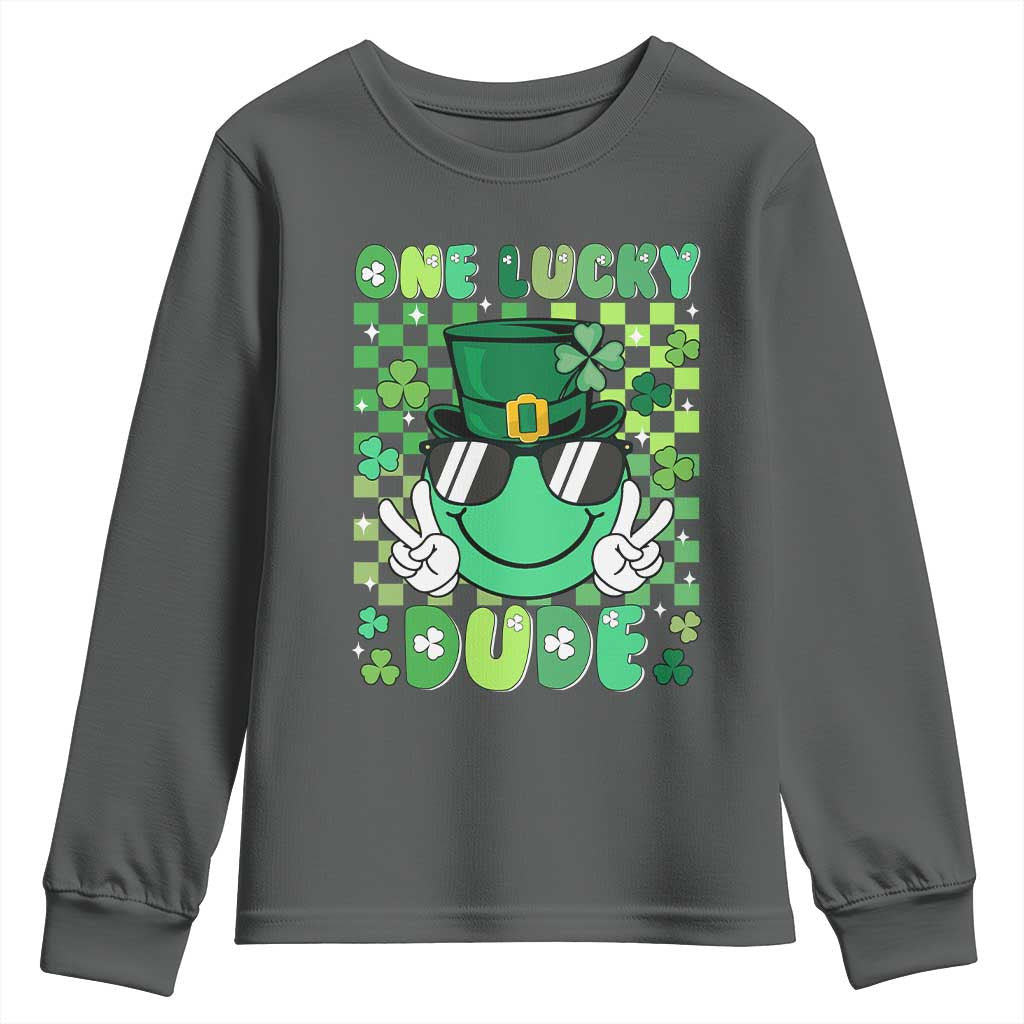 Retro St Patrick's Day Youth Sweatshirt One Lucky Dude Green Checkered Heart Groovy