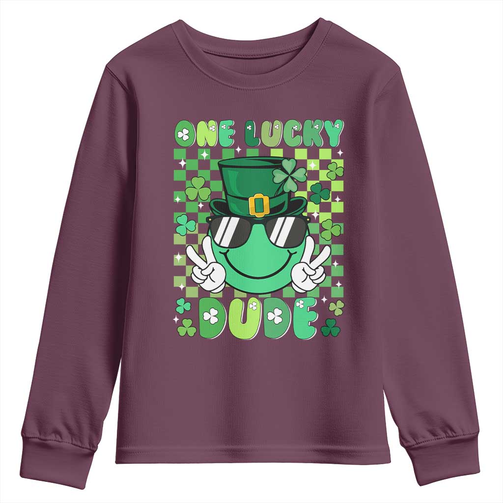 Retro St Patrick's Day Youth Sweatshirt One Lucky Dude Green Checkered Heart Groovy