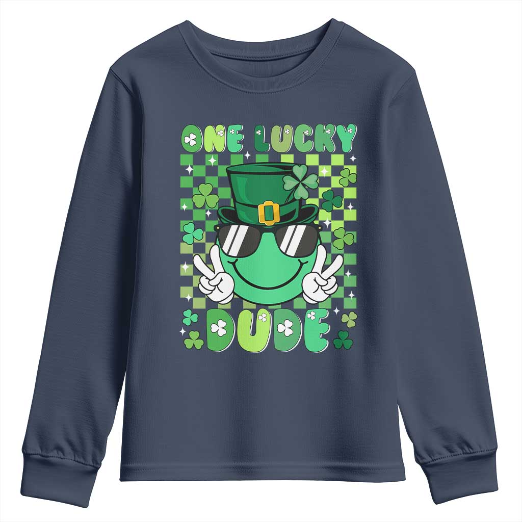 Retro St Patrick's Day Youth Sweatshirt One Lucky Dude Green Checkered Heart Groovy