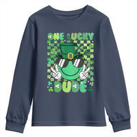 Retro St Patrick's Day Youth Sweatshirt One Lucky Dude Green Checkered Heart Groovy