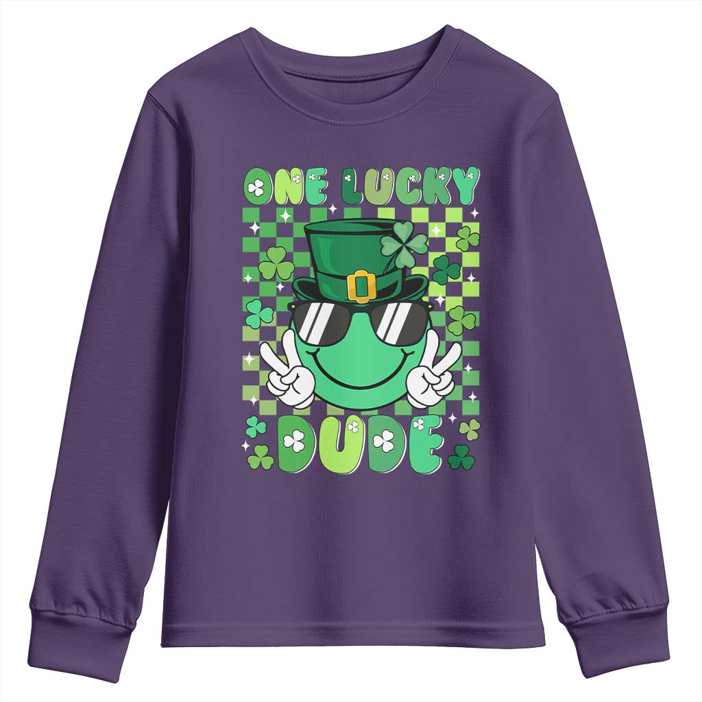 Retro St Patrick's Day Youth Sweatshirt One Lucky Dude Green Checkered Heart Groovy