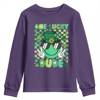 Retro St Patrick's Day Youth Sweatshirt One Lucky Dude Green Checkered Heart Groovy