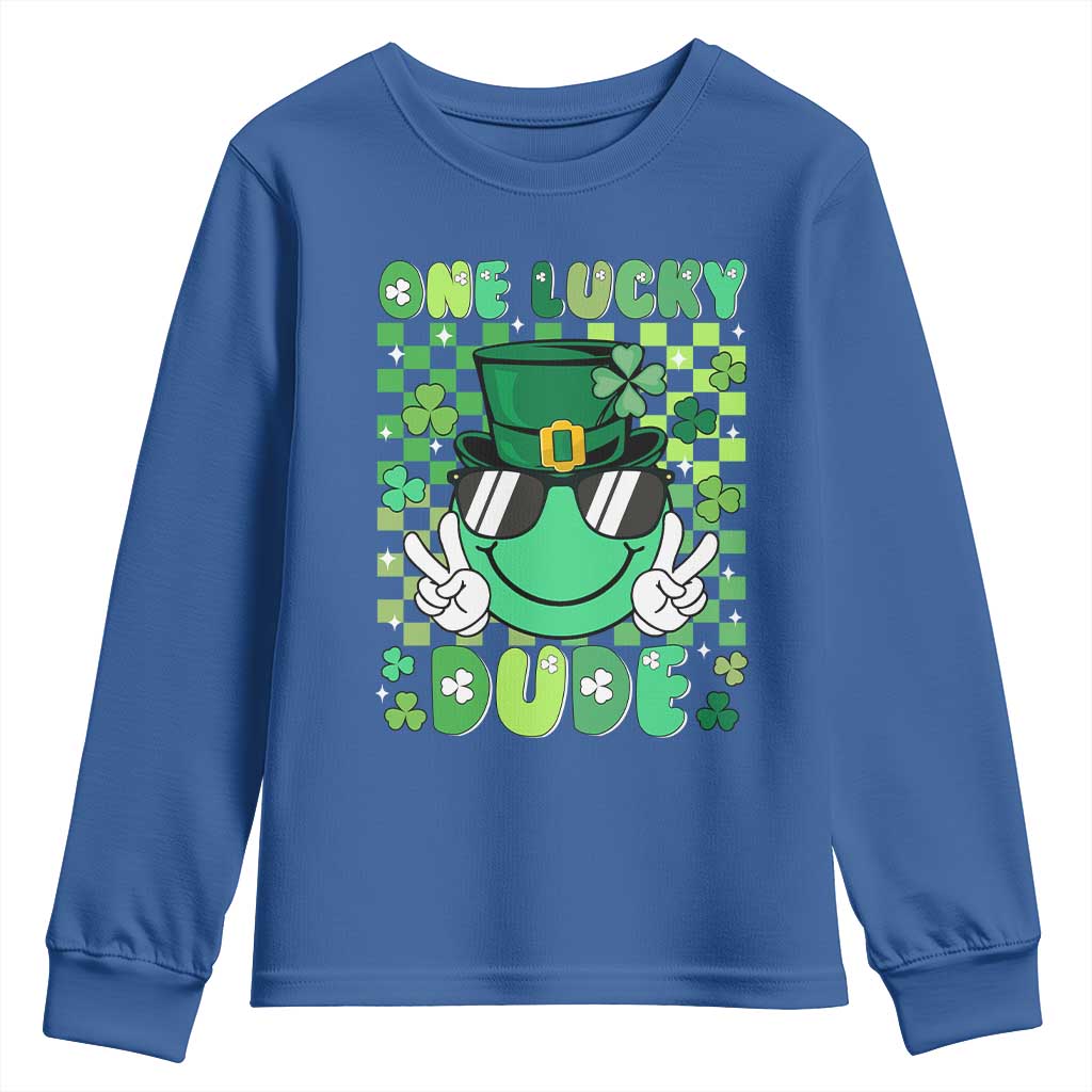 Retro St Patrick's Day Youth Sweatshirt One Lucky Dude Green Checkered Heart Groovy