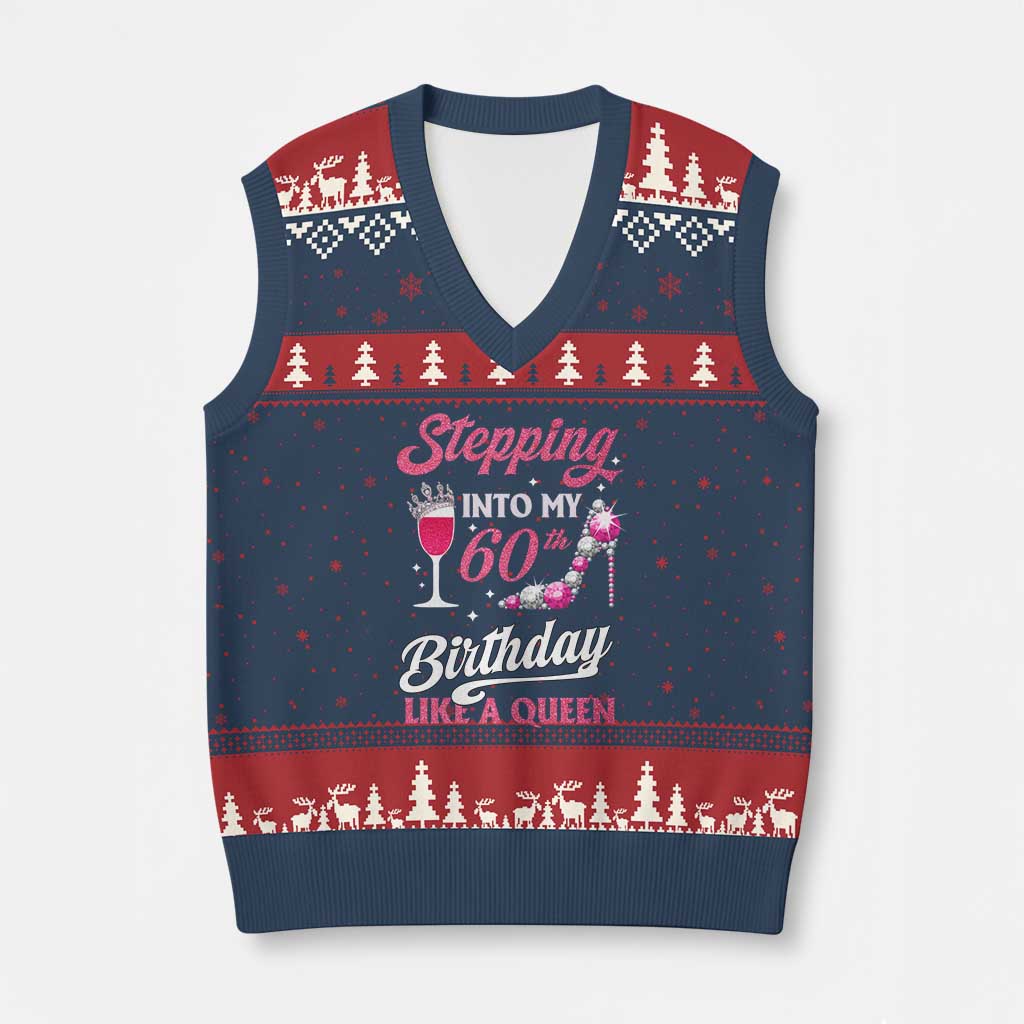 Stepping Into My 60th Birthday V-Neck Knit Sweater Vest Like A Queen Pink Wine Glass - Wonder Print Shop