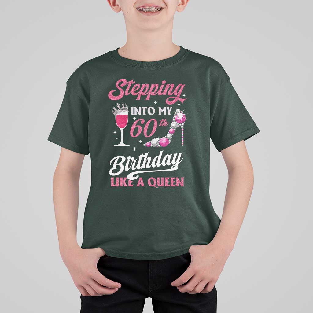 Stepping Into My 60th Birthday T Shirt For Kid Like A Queen Pink Wine Glass