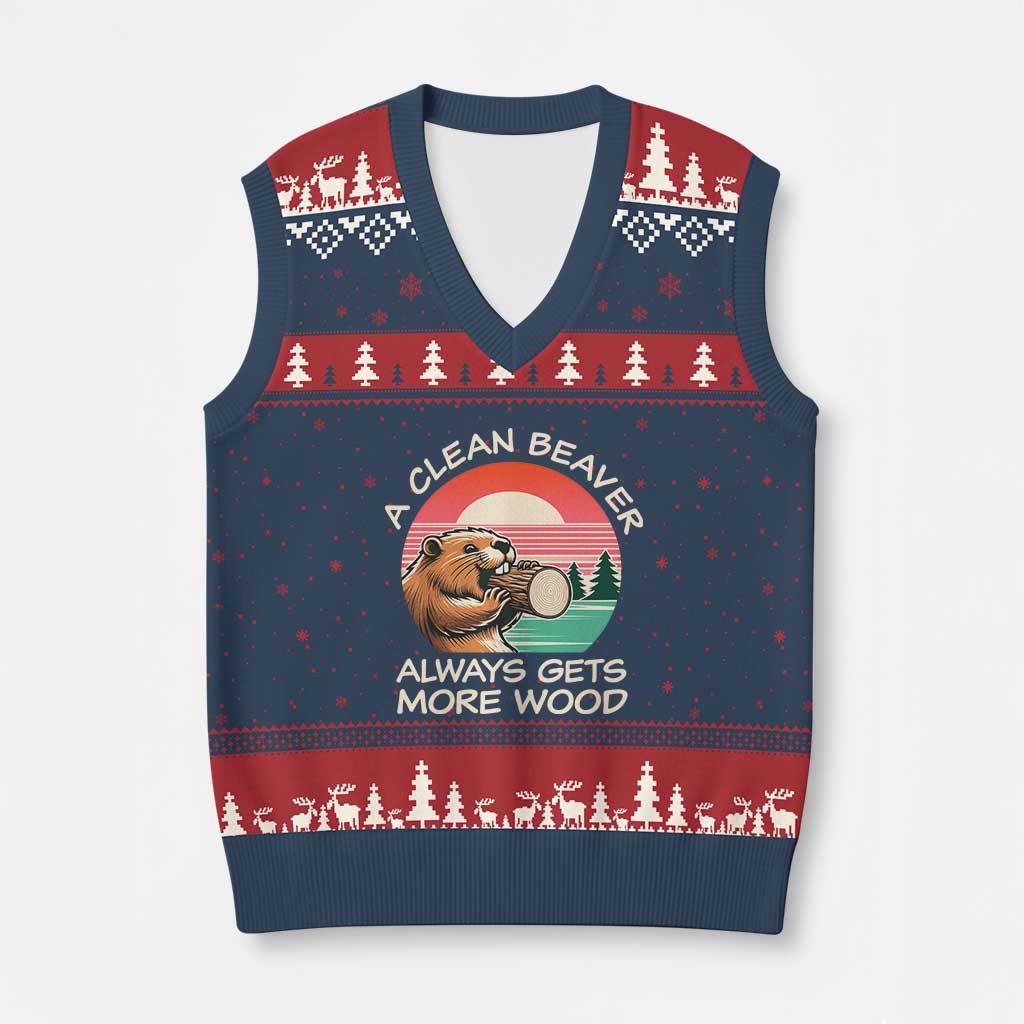 Funny Beaver Joke V-Neck Knit Sweater Vest A Clean Beaver Always Gets More Wood Adult Humor - Wonder Print Shop