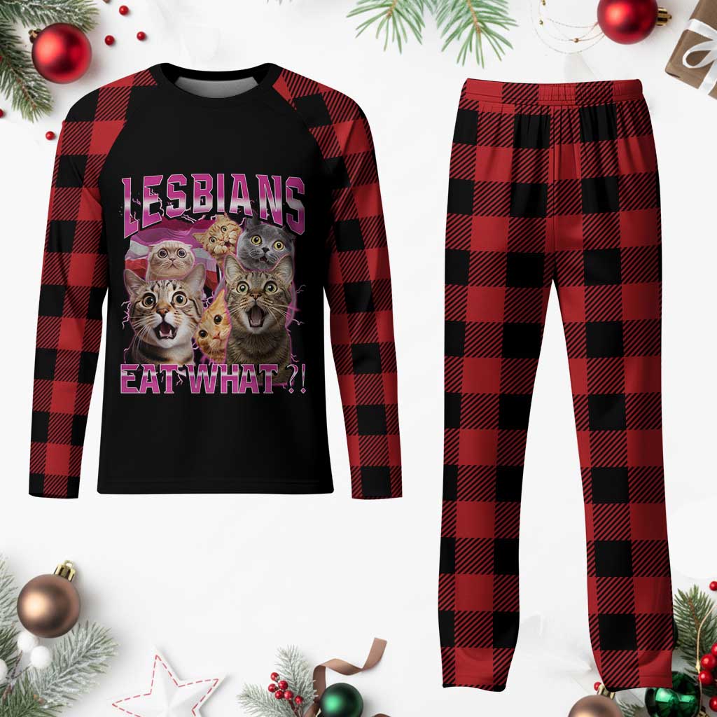 Lesbians Eat What Plaid Pajama Set Funny LGBTQ+ Pride Cats Meme Feline Lover Bootleg - Wonder Print Shop