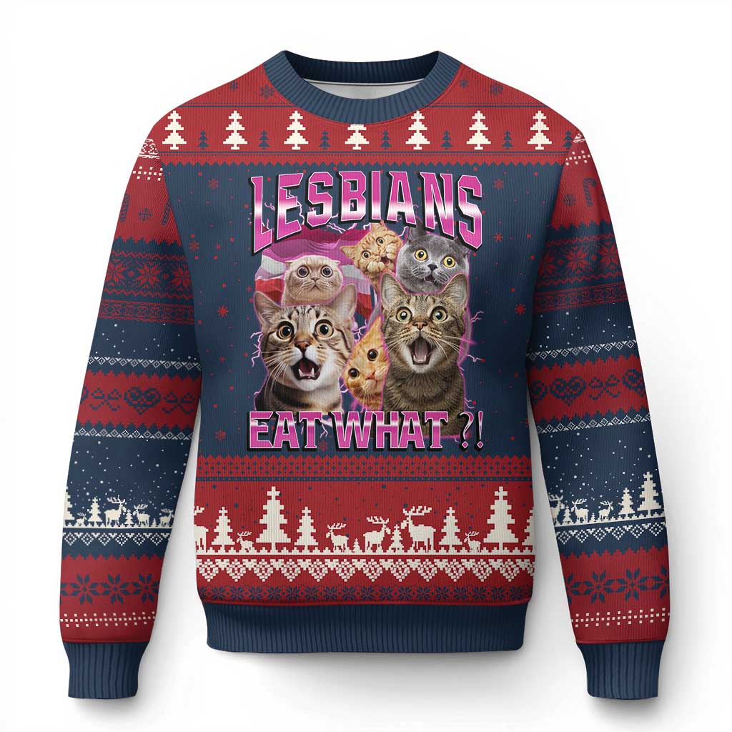 Lesbians Eat What Ugly Christmas Sweater Funny LGBTQ+ Pride Cats Meme Feline Lover Bootleg - Wonder Print Shop