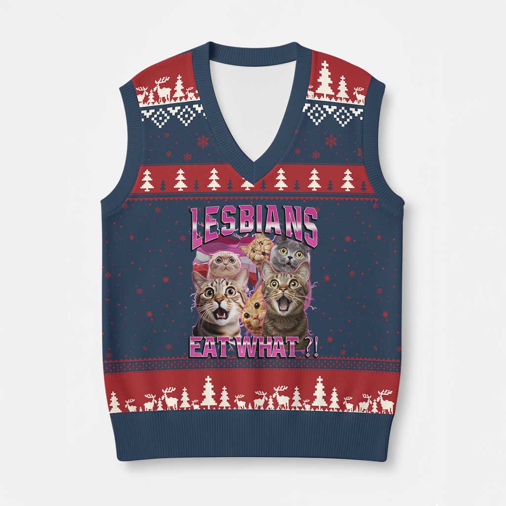 Lesbians Eat What V-Neck Knit Sweater Vest Funny LGBTQ+ Pride Cats Meme Feline Lover Bootleg - Wonder Print Shop