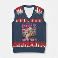 Lesbians Eat What V-Neck Knit Sweater Vest Funny LGBTQ+ Pride Cats Meme Feline Lover Bootleg - Wonder Print Shop