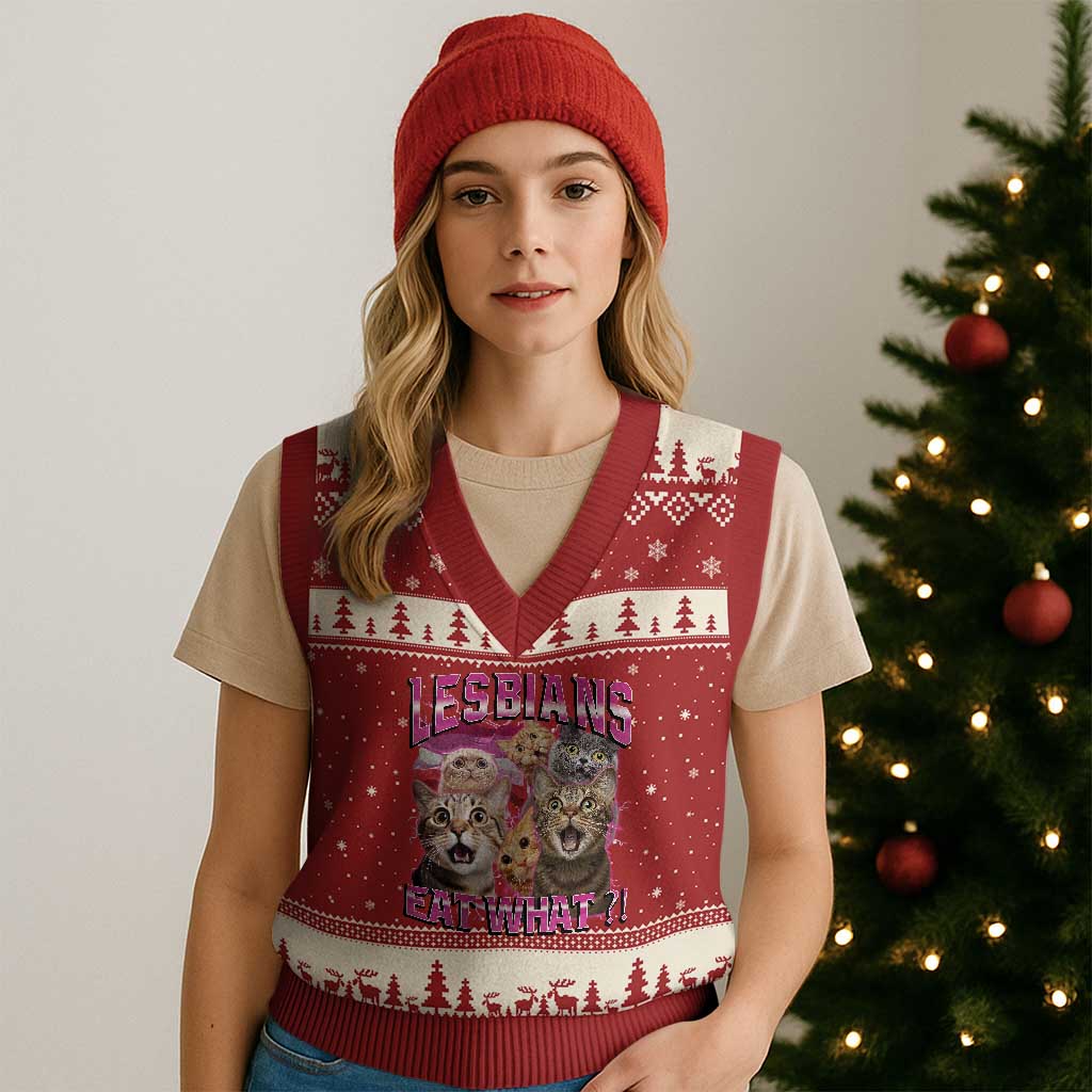 Lesbians Eat What V-Neck Knit Sweater Vest Funny LGBTQ+ Pride Cats Meme Feline Lover Bootleg - Wonder Print Shop