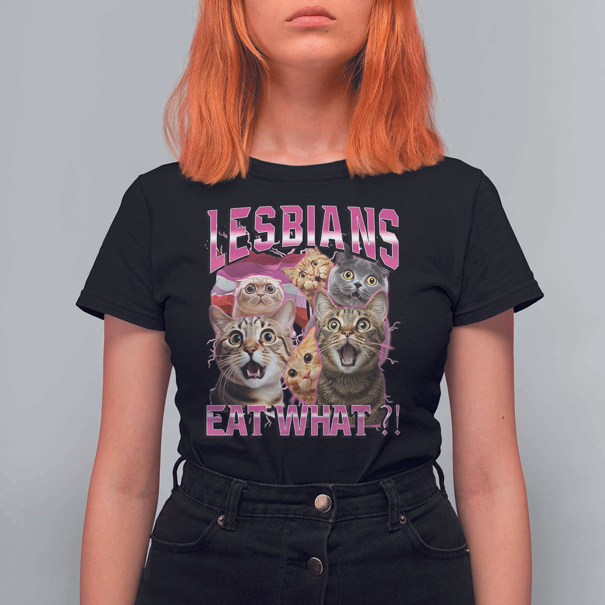 Lesbians Eat What T Shirt For Women Funny LGBTQ+ Pride Cats Meme Feline Lover Bootleg