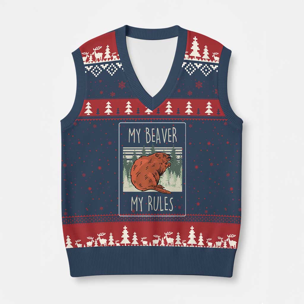My Beaver My Rules V-Neck Knit Sweater Vest Funny Beaver  Outdoor Nature Lover - Wonder Print Shop