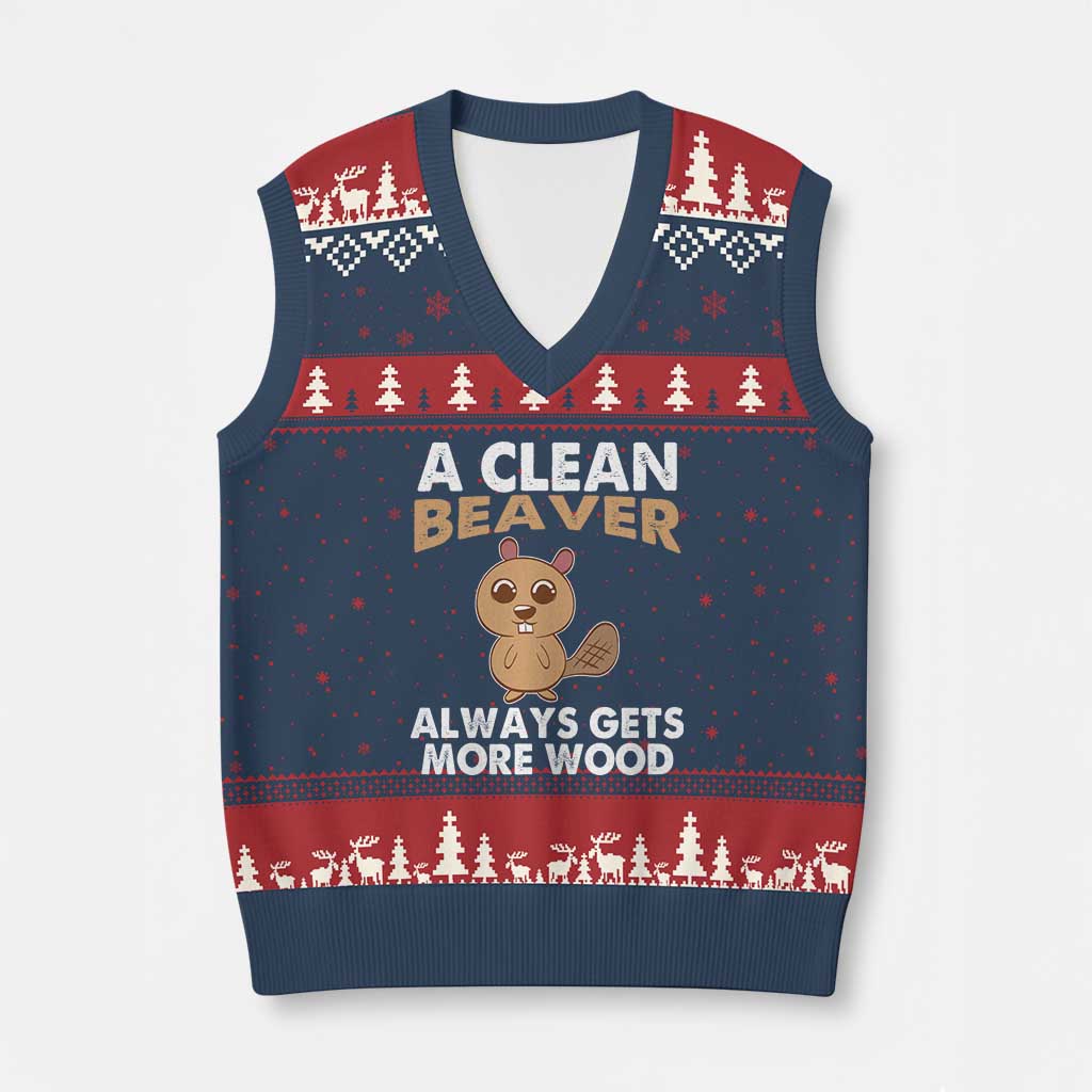 Funny Beaver Adult Humor V-Neck Knit Sweater Vest A Clean Beaver Always Get More Wood - Wonder Print Shop