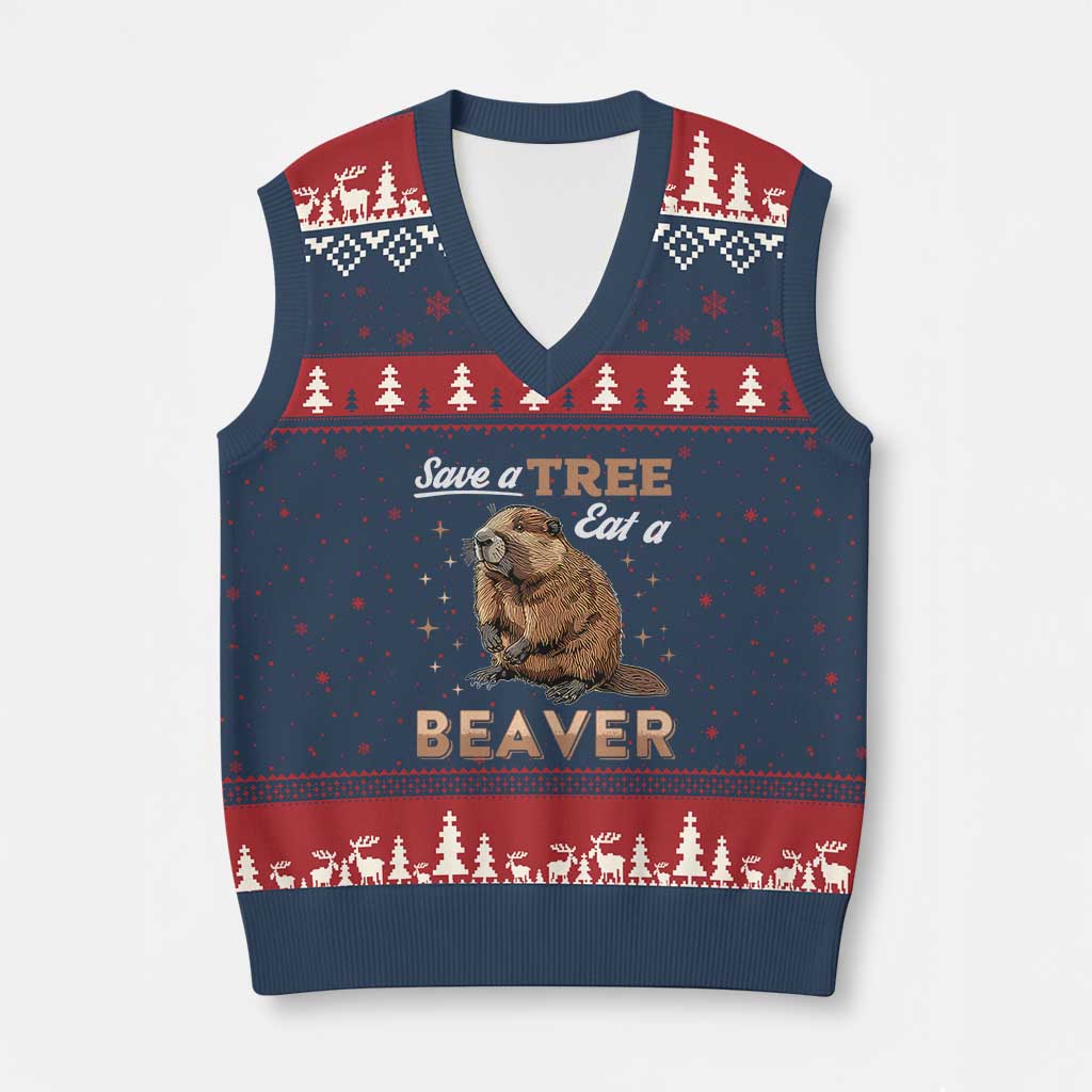 Funny Beaver V-Neck Knit Sweater Vest Save A Tree Eat A Beaver - Wonder Print Shop