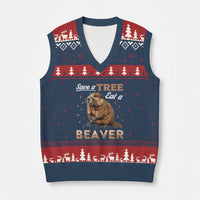Funny Beaver V-Neck Knit Sweater Vest Save A Tree Eat A Beaver - Wonder Print Shop