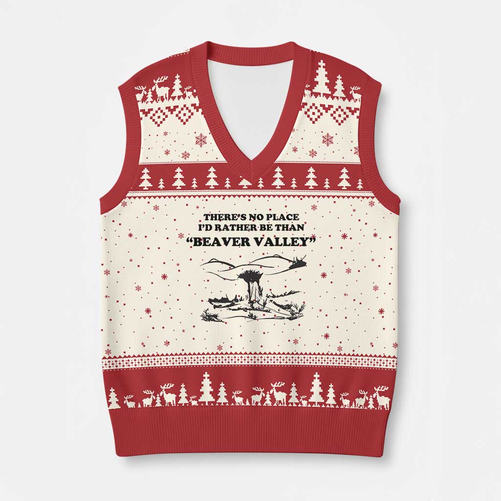 Funny Beaver Valley V-Neck Knit Sweater Vest There’s No Place I'd Rather Be Adult Humor - Wonder Print Shop