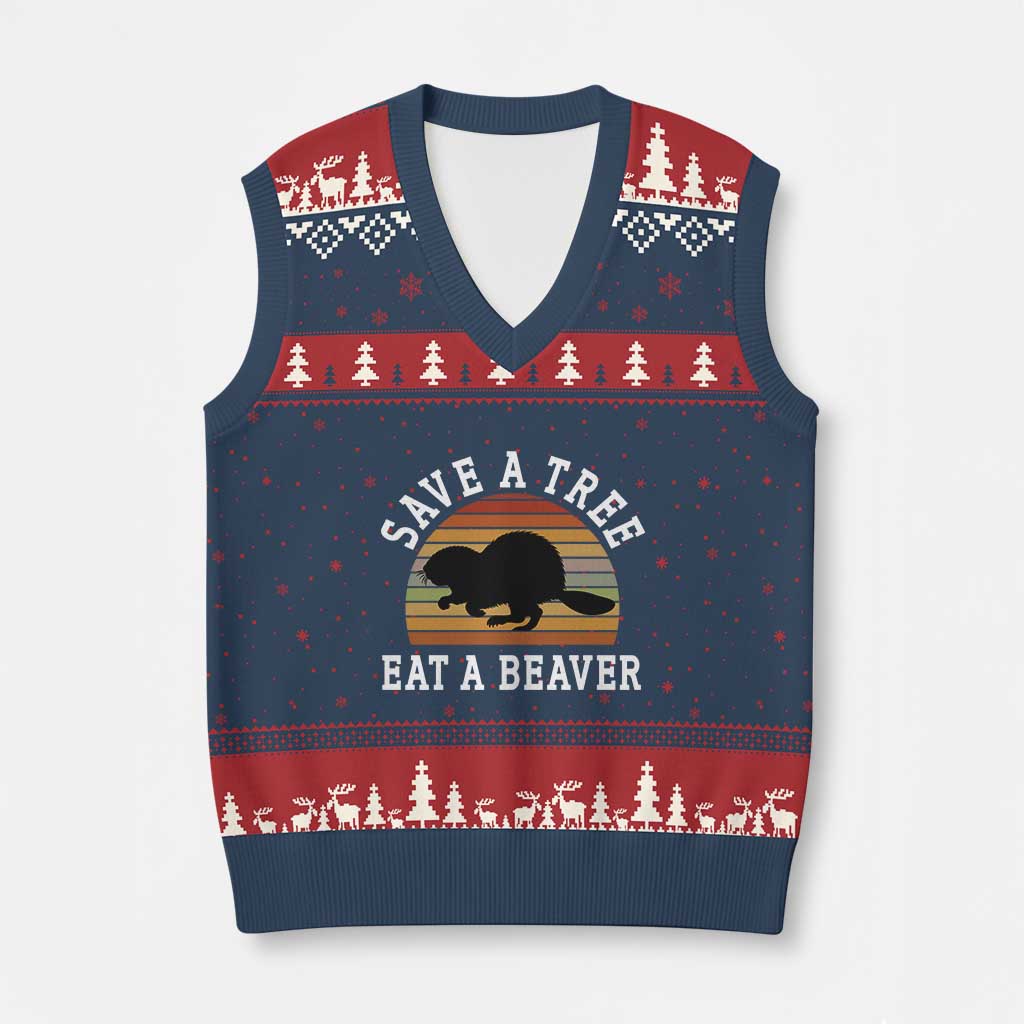 Save A Tree Eat A Beaver V-Neck Knit Sweater Vest Funny Ironic Beaver - Wonder Print Shop