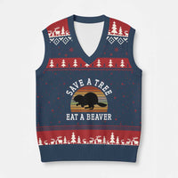 Save A Tree Eat A Beaver V-Neck Knit Sweater Vest Funny Ironic Beaver - Wonder Print Shop