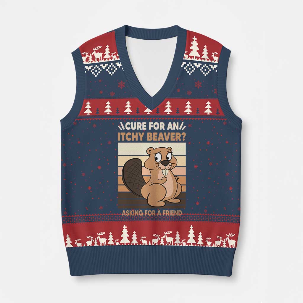 Funny Beaver V-Neck Knit Sweater Vest Cure For An Itchy Beaver Ask For A Friend Adult Humor - Wonder Print Shop