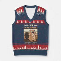 Funny Beaver V-Neck Knit Sweater Vest Cure For An Itchy Beaver Ask For A Friend Adult Humor - Wonder Print Shop