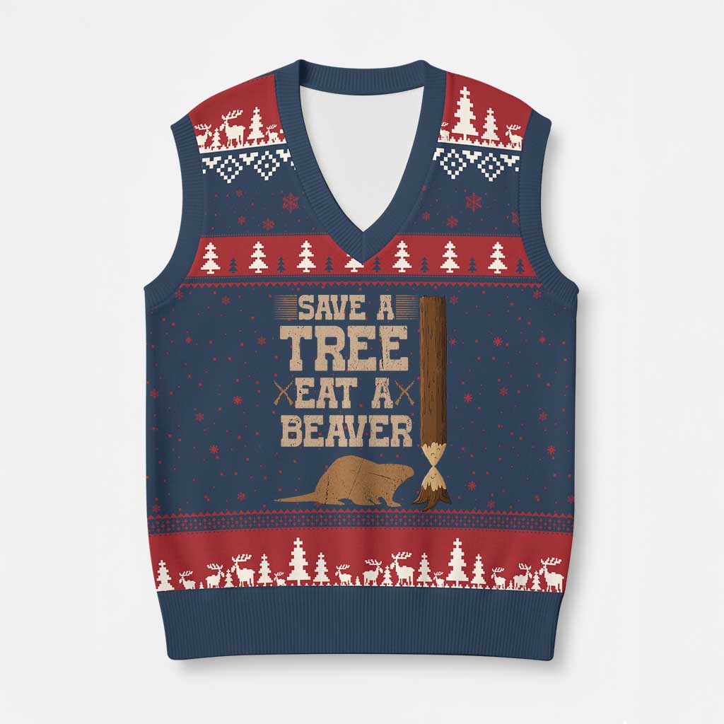 Funny Save A Tree Eat A Beaver V-Neck Knit Sweater Vest Hunting Beavers Hunter - Wonder Print Shop