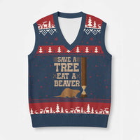 Funny Save A Tree Eat A Beaver V-Neck Knit Sweater Vest Hunting Beavers Hunter - Wonder Print Shop