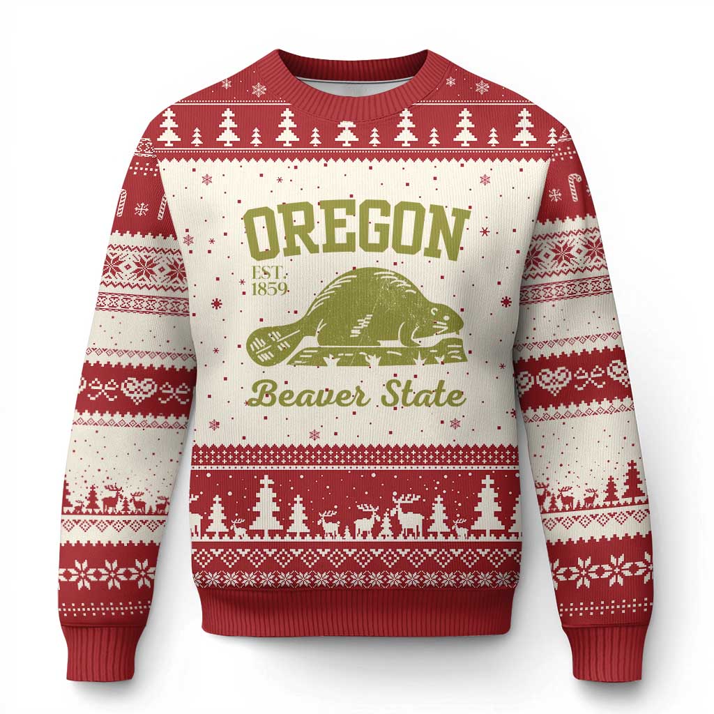 Beaver State Oregon Ugly Christmas Sweater Est 1859 Vintage Flag - Wonder Print Shop