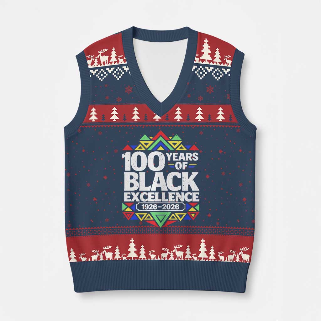 100 Years of Black Excellence 1926 2026 V-Neck Knit Sweater Vest African Tribal Pattern Heritage Celebrating Black History