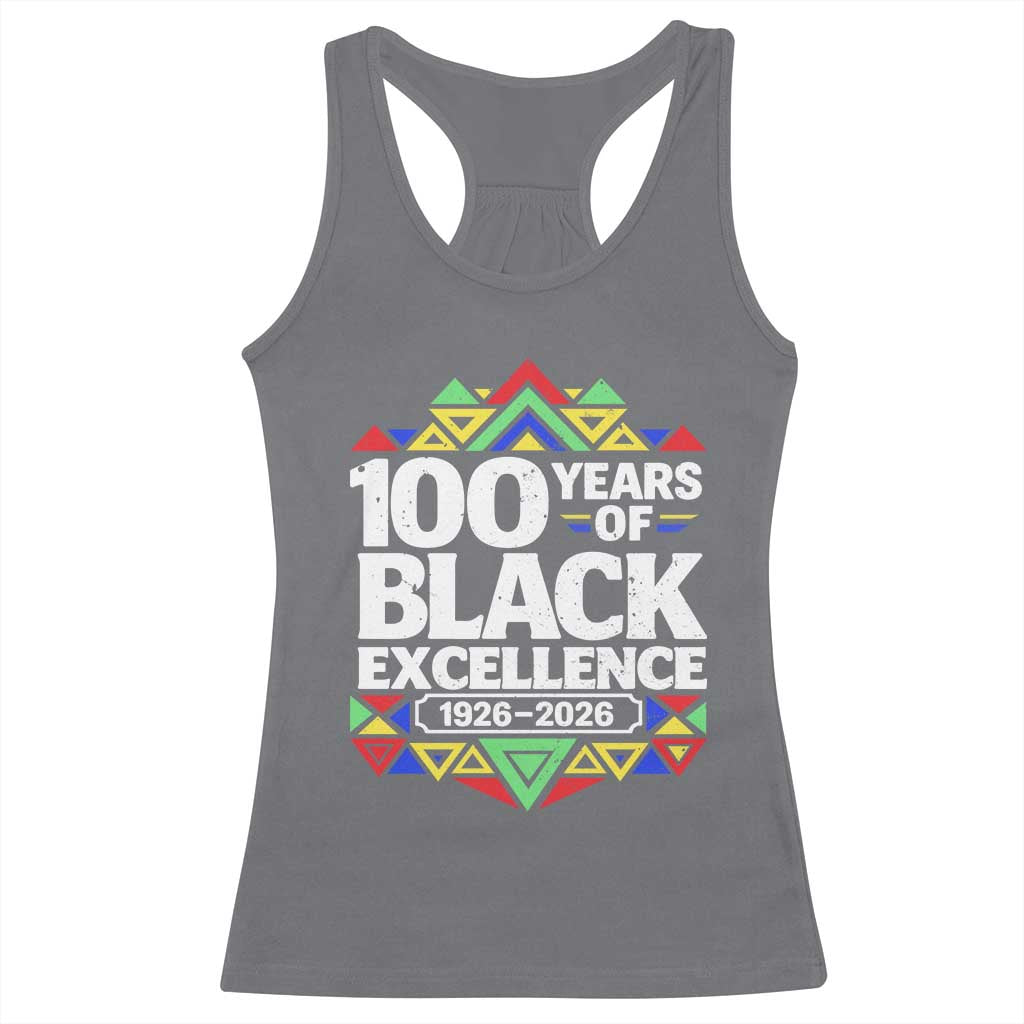 100 Years of Black Excellence 1926 2026 Racerback Tank Top African Tribal Pattern Heritage Celebrating Black History