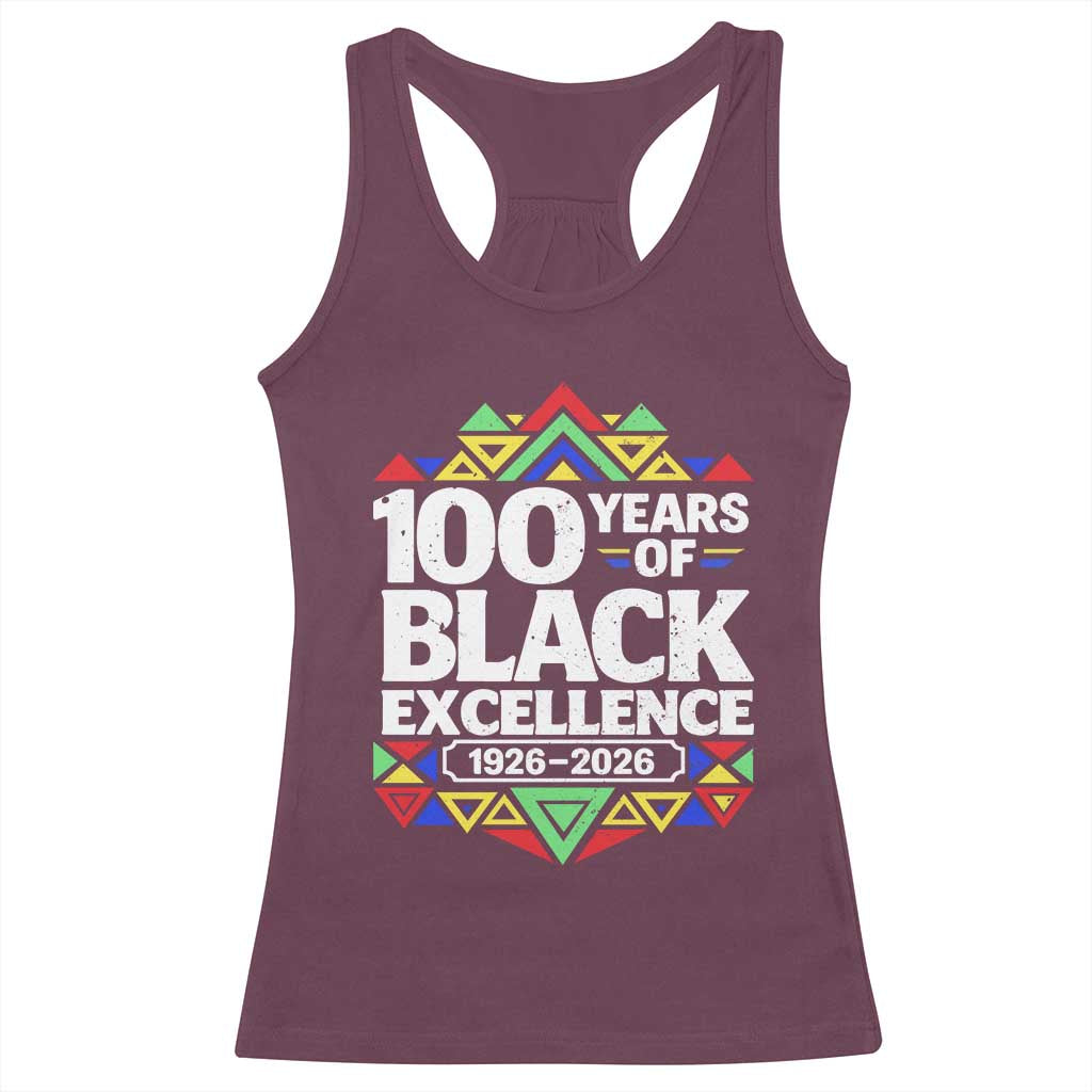 100 Years of Black Excellence 1926 2026 Racerback Tank Top African Tribal Pattern Heritage Celebrating Black History