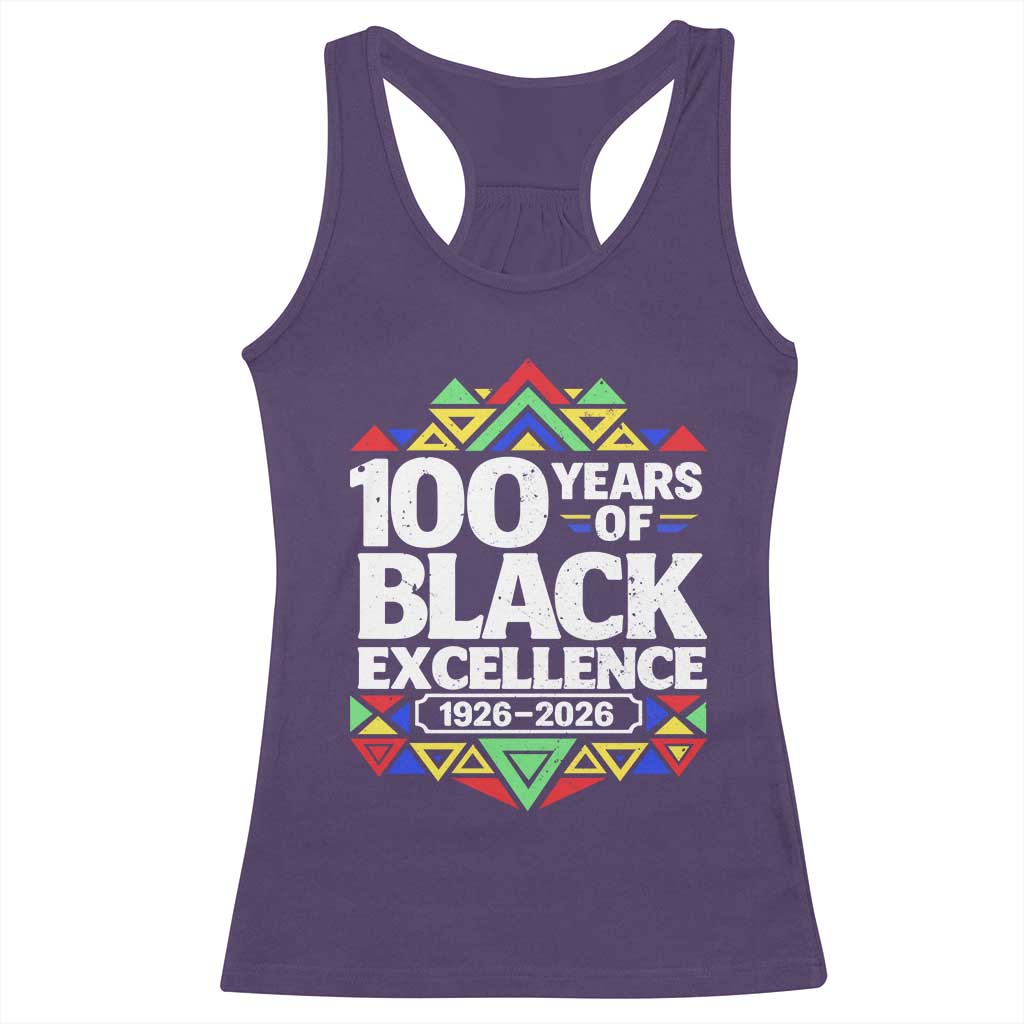 100 Years of Black Excellence 1926 2026 Racerback Tank Top African Tribal Pattern Heritage Celebrating Black History