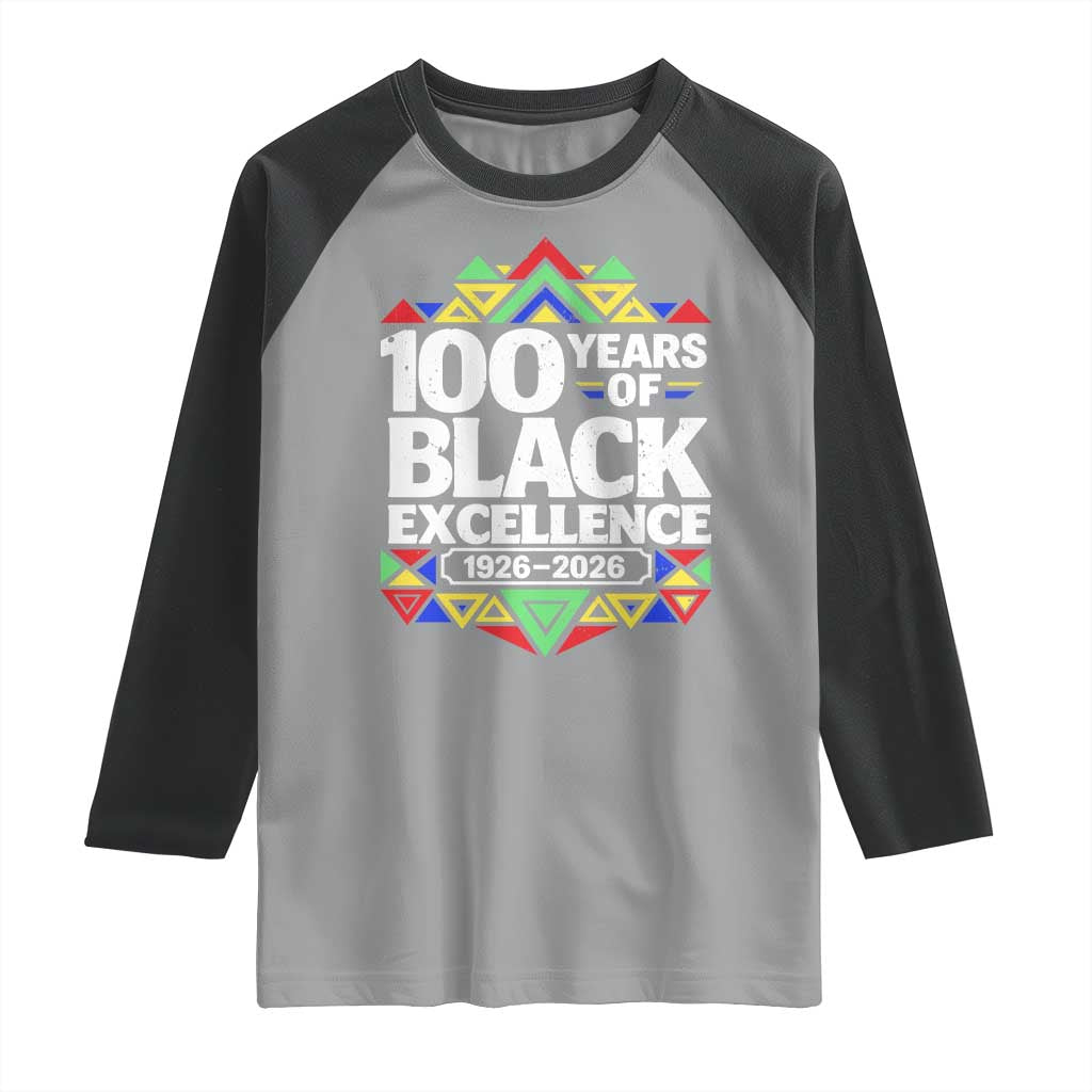100 Years of Black Excellence 1926 2026 Raglan Shirt African Tribal Pattern Heritage Celebrating Black History