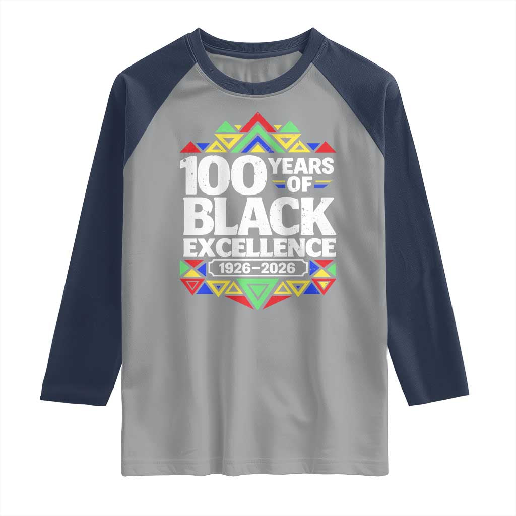 100 Years of Black Excellence 1926 2026 Raglan Shirt African Tribal Pattern Heritage Celebrating Black History