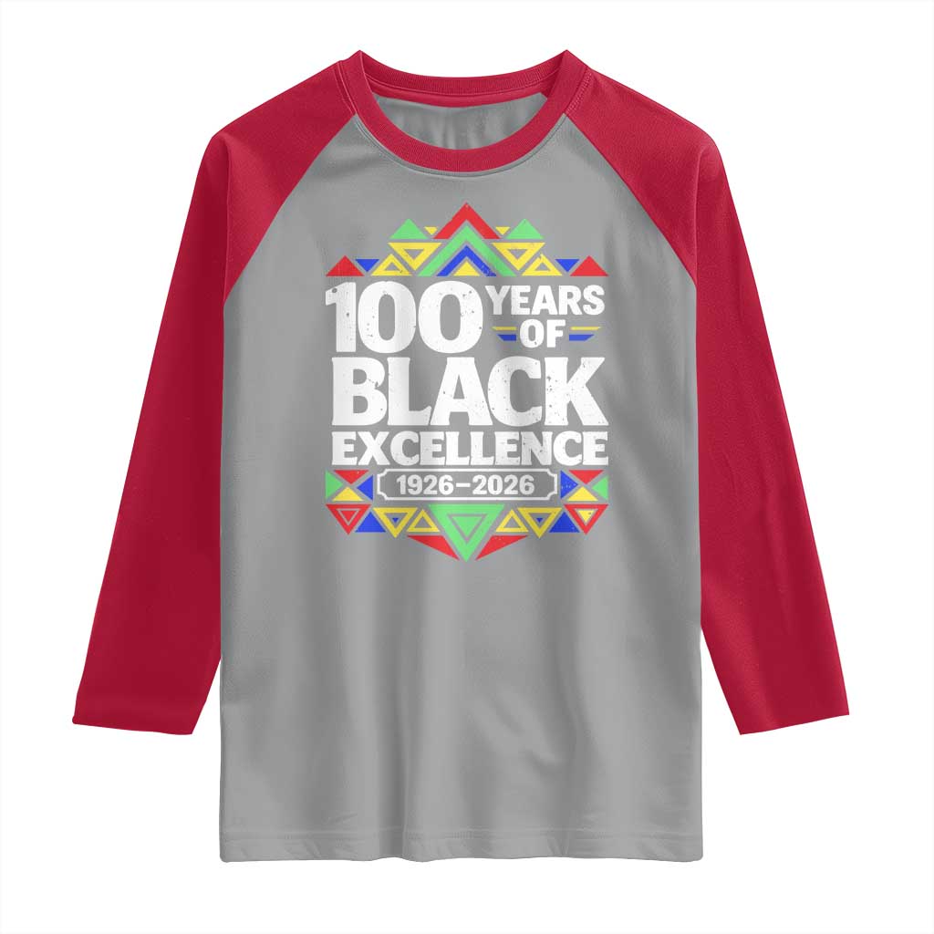100 Years of Black Excellence 1926 2026 Raglan Shirt African Tribal Pattern Heritage Celebrating Black History