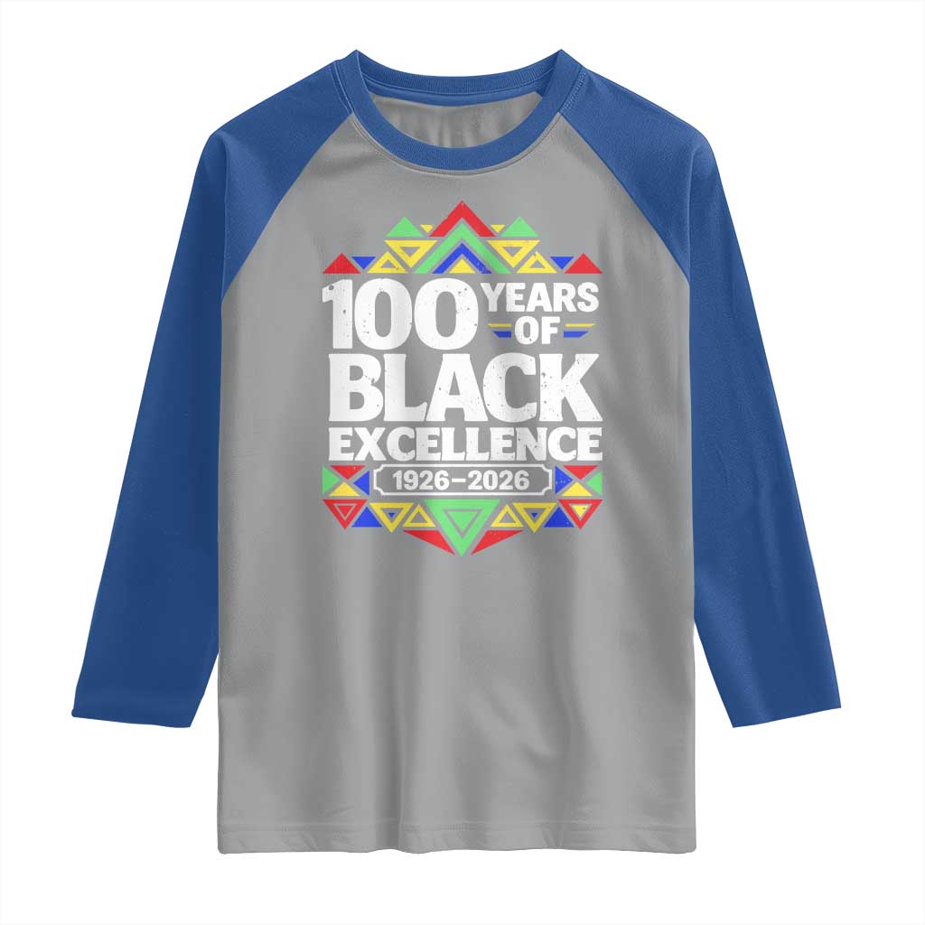 100 Years of Black Excellence 1926 2026 Raglan Shirt African Tribal Pattern Heritage Celebrating Black History