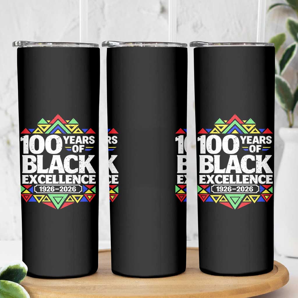 100 Years of Black Excellence 1926 2026 Skinny Tumbler African Tribal Pattern Heritage Celebrating Black History