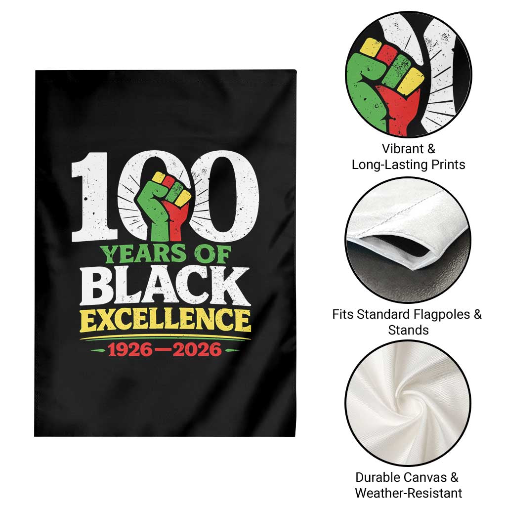 100 Years of Black Excellence 1926 2026 Garden Flag Pan-African Raised Fist Pride Honoring Black History Legacy