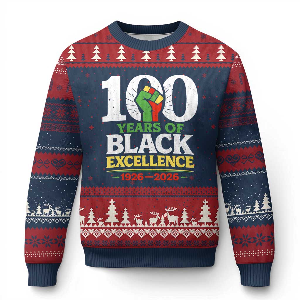 100 Years of Black Excellence 1926 2026 Ugly Christmas Sweater Pan-African Raised Fist Pride Honoring Black History Legacy