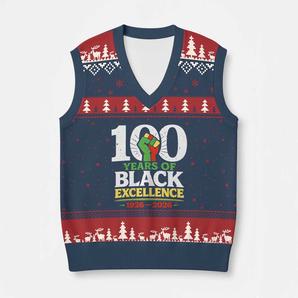 100 Years of Black Excellence 1926 2026 V-Neck Knit Sweater Vest Pan-African Raised Fist Pride Honoring Black History Legacy
