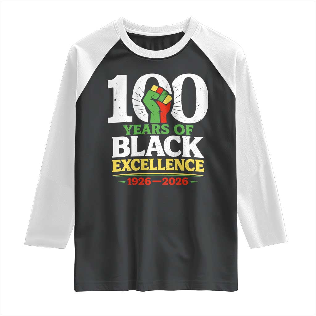 100 Years of Black Excellence 1926 2026 Raglan Shirt Pan-African Raised Fist Pride Honoring Black History Legacy