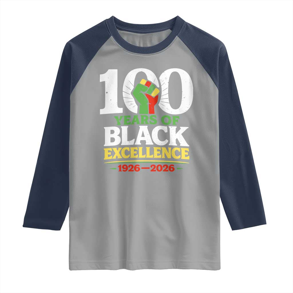 100 Years of Black Excellence 1926 2026 Raglan Shirt Pan-African Raised Fist Pride Honoring Black History Legacy