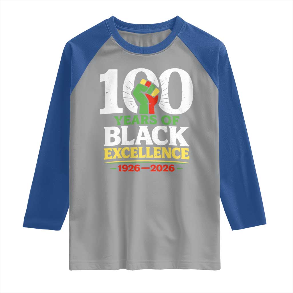 100 Years of Black Excellence 1926 2026 Raglan Shirt Pan-African Raised Fist Pride Honoring Black History Legacy