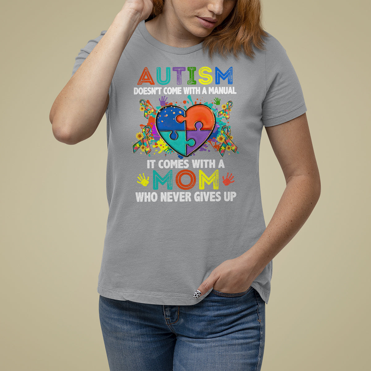 Autism Mom Who Never Gives Up Puzzle Piece Heart Support Autistic Autism Awareness Month T Shirt For Women - Wonder Print Shop