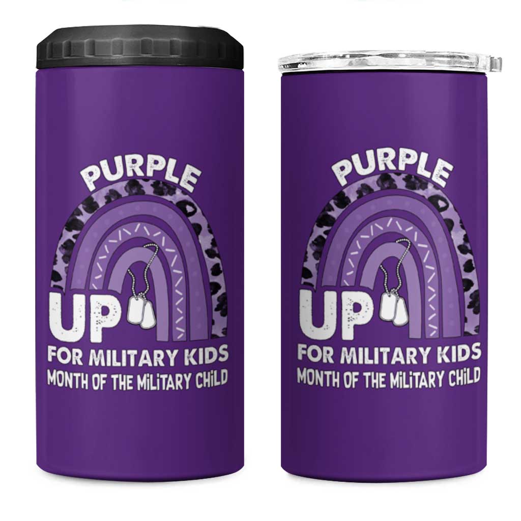 Purple Up For Military Kids 4 in 1 Can Cooler Tumbler Military Child Month Dog Tags Purple Ribbon Rainbow